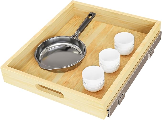 2 Set Pull Out Cabinet Organizer, Soft Close Slide Out Wood Drawer Storage Shelves for Kitchen, Base Cabinet Organization for Pantry, Finished, Heavy-Duty, Bottom Assembly (15” W x 21” D)