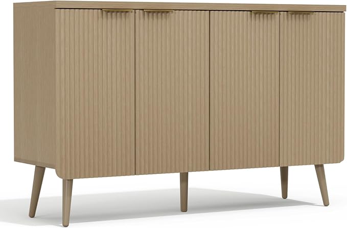 47.2" Sideboard Buffet Cabinet with Storage, Modern Fluted Accent Credenza with 4 Doors, Buffet Media Console Entryway Cabinet with Adjustable Shelve for Living Dining Room Hallway, Natual Oak