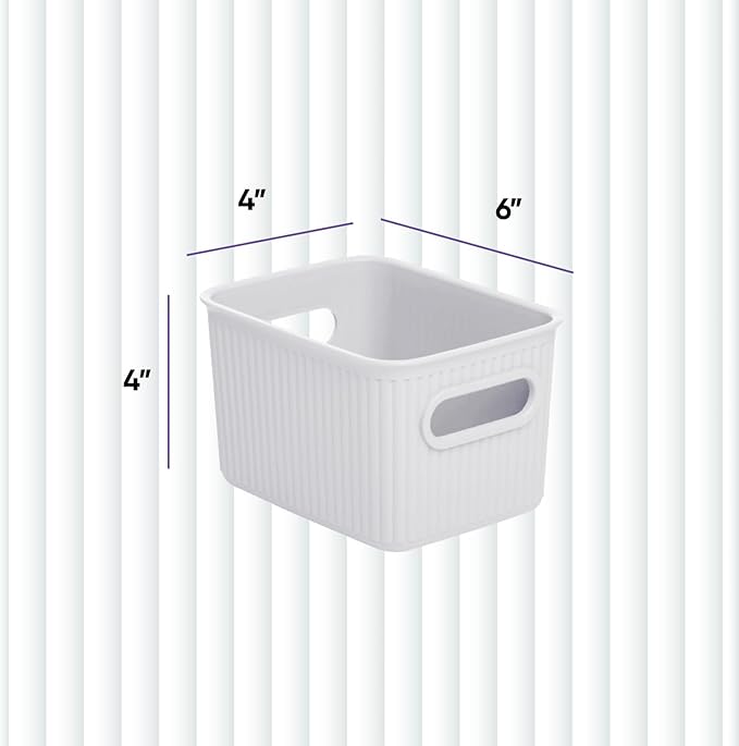 Superio Ribbed Collection - Decorative Plastic Basket Open Home Storage Bins Organizer, Small White (2 Pack) Container Boxes for Organizing Closet Storage Bins for Shelves Drawer Shelf 1.5 Liter
