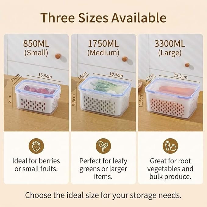 QUROXO 4 in 1 Food Storage Container-3 Piece Set, Household Transparent Plastic Food Storage Box with Lids, Food Fruit Storage Containers for Fridge with Drain Basket (Blue)