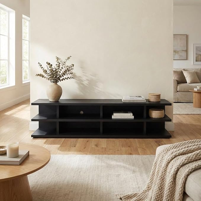 Furnifact Black 2 Tier TV Stand Media Console, Contemporary Living Room Entertainment Center with Engineered Wood Construction and Modern Design