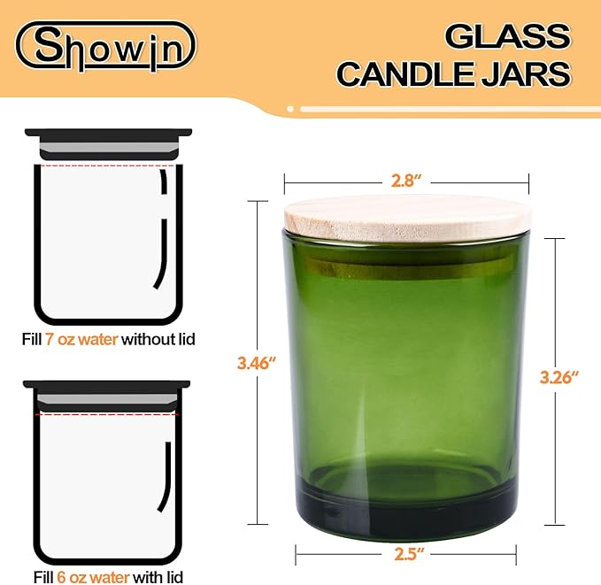 SHOWIN Thick Candle Jars for Making Candles 12 Pcs, 7 OZ Empty Jars with Wood Lids for Candle Making, Sample Container, Clear Green