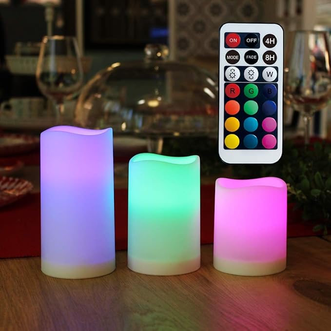 WRalwaysLX Flameless Candles with Timer, Color Changing LED Candles with Remote Control,Battery Candles Outdoor and Indoor Home Decor, Set of 3, 2.5" D X H3/4"/5" by 3AAA Batteries(not Included)