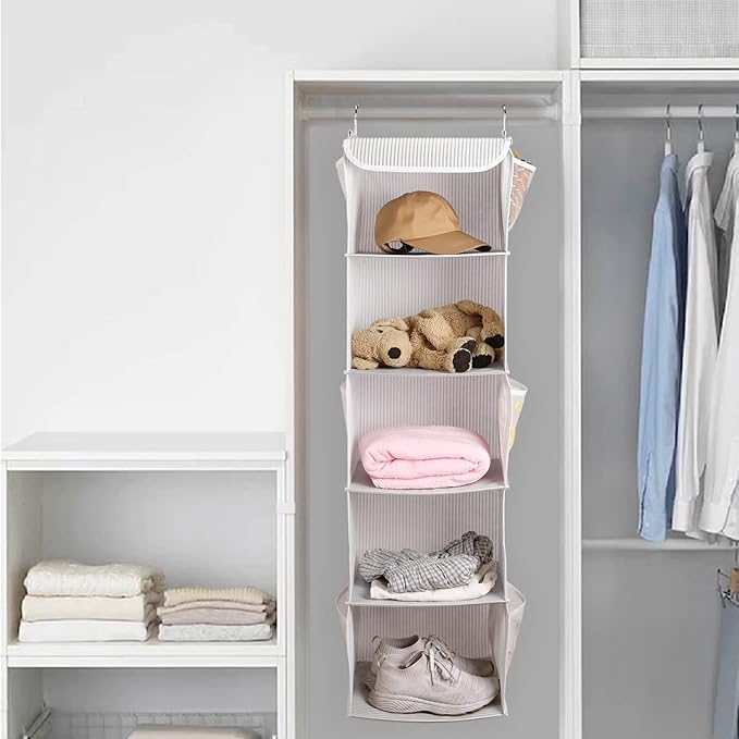 BrilliantJo 5 Shelves Hanging Closet Organizer, 2 Pack Hanging Storage with 6 Side Pockets for Clothes Shoes, 43"x12"x12"(Strip)