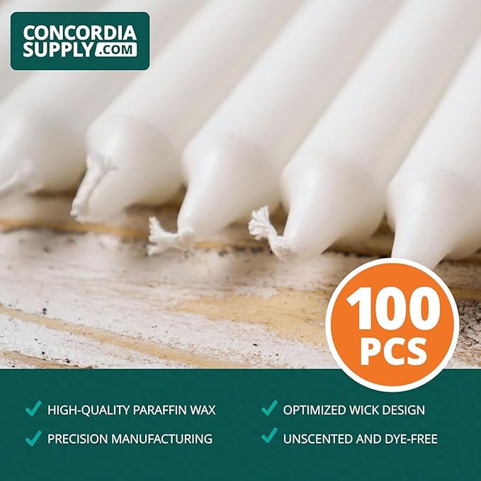 Concordia Supply Church Candles for Candle Light Service Vigil - 4.25" x 1/2" Bulk White Candles for Memorial, Congregational, Shabbat, Wedding, Communion, Baptism & Christmas Ceremonies - Box of 100