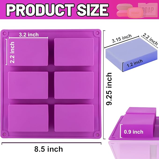 LERYKIN 2 Pack Silicone Soap Molds, 6 Cavities Rectangle Silicone Soap Molds, Great for Homemade Craft Soap Mold, Chocolate Mold, Cake Mold ＆ Ice Cube Tray - Just Pop Out（Purple