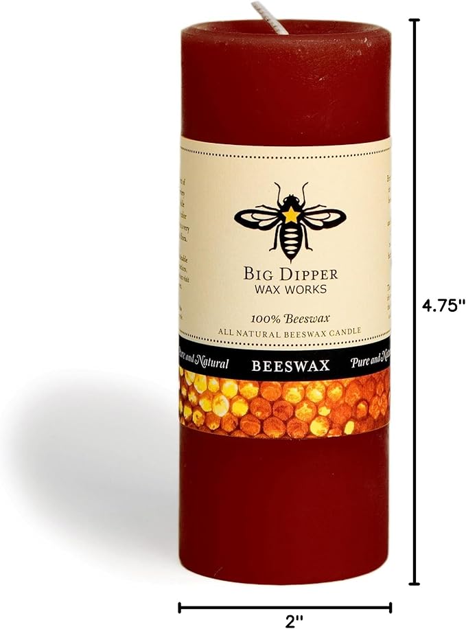Big Dipper Wax Works Red Pillar Candle, 40-Hour Long Burn, Pure Beeswax Candle, 2" x 4.75”