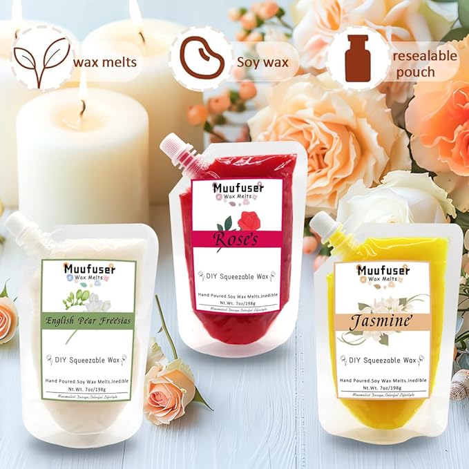 DIY Squeezable Soy Wax Scented Candle,Handmade Eco-Friendly, Each 7 oz and 55 Hours Burn Time, 3 Luxurious Scents Easy-Squeeze Design for Creative Home Decor & Gifts (English Pear & Freesia)
