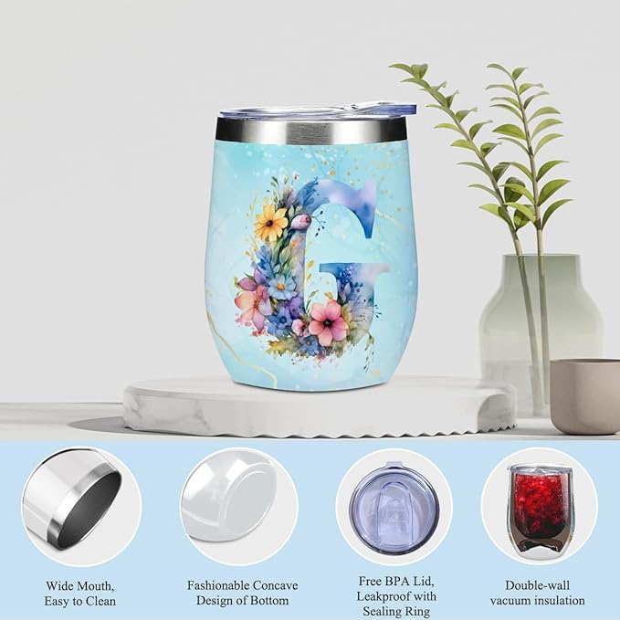 Personalized Gifts Monogrammed Birthday Gifts for Women, Her Employee Housewarming Christmas Initial Wine Tumbler Makeup Bag Scented Candle Bracelet Set, (Aesthetic Blue Flower G)