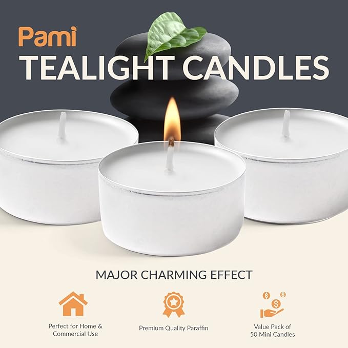 PAMI Premium Long-Lasting with 8 Hours Burning Time Unscented Round Tealight Candles [50-Pack] - Paraffin Tealights with Beautiful Flame- Perfect for Votive Candle Holders