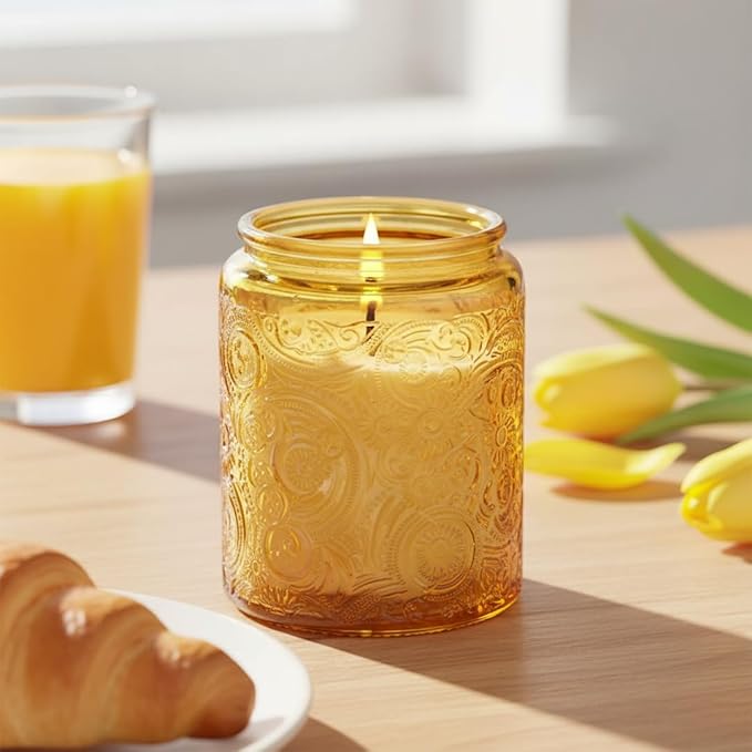 9-Pack 8oz Embossed Glass Candle Container with Bamboo Lids and Labels, Orange Candle Jars for Making Candles, Sun Moon Star Design