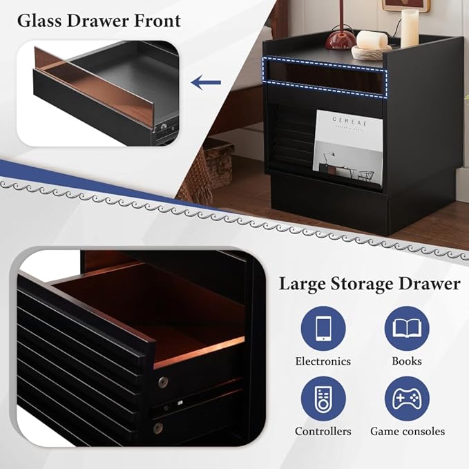 Mid Century Modern Nightstand with Charging Station LED Lights 2 Drawers Bedside Table for Bedroom Living Room (Black)