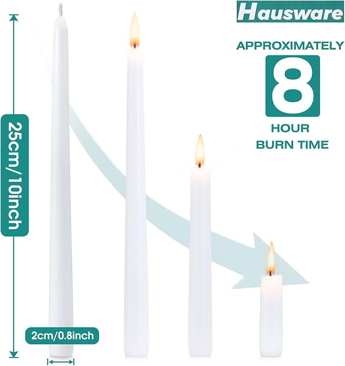Hausware 36 Pack Taper Candles, 8 Hour Burn Time,Unscented Dripless and Smokeless, 10 inch Elegant Premium Quality Dinner Candle for Home Décor, Restaurant, Wedding, Party Candlesticks (White)