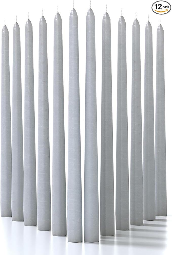 CANDWAX 14 icnh Tall Taper Candles - Dripless Long Burning Candlesticks - Set of 12 Gray Tapered Candles