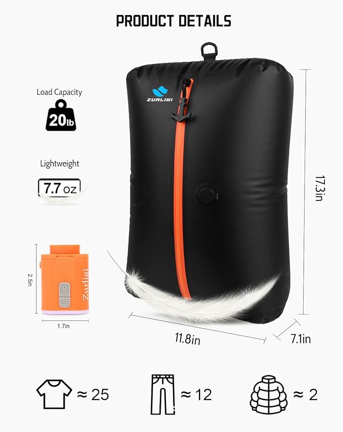 Zurligi Travel Vacuum Compression Bags with Removable Handle & Mini Pump – 39L Reusable IPX8 Waterproof Vacuum Packing Cubes, Vacuum Seal Bags for Clothes, Suitcase & Backpack(1-Pack Black)