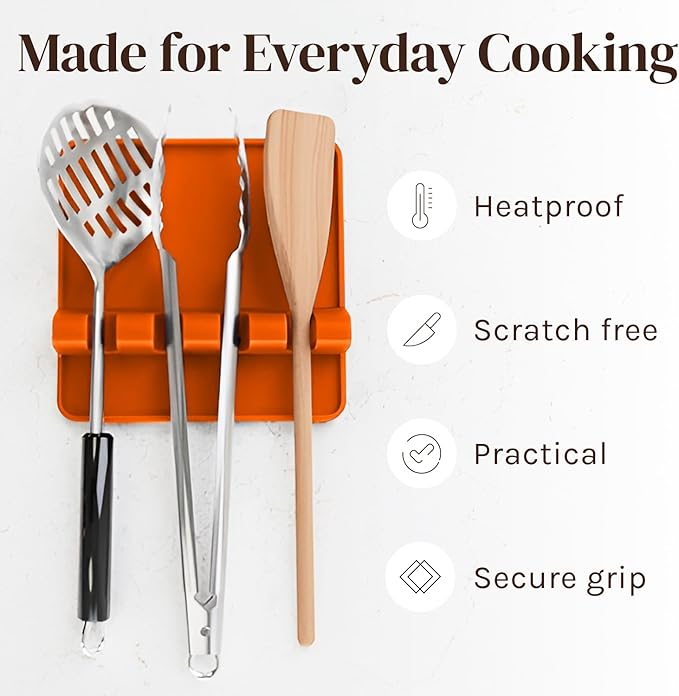 Cooler Kitchen Orange Silicone Spoon Rest for Stove Top with Drip Pad (Two Pack) - Heat Resistant BPA Free Utensil Rest & Spoon Holder for Kitchen Counter - Grill Utensil Holder - Spatula Holder