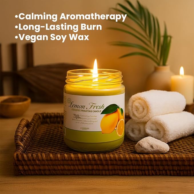 Odor Eliminating Candle Set - Pack of 2 (12oz) | 90-Hour Burn Time | Premium Soy Wax Candles | Neutralizes 99% Pet, Kitchen, & Smoke Odors | Eco-Friendly & Long-Lasting (Lemon Fresh)