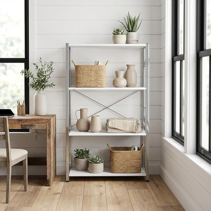 Furnifact White and Chrome Finish Bookshelf with Sturdy Design, Modern Style, Durable Construction, Ideal for Home and Office Storage