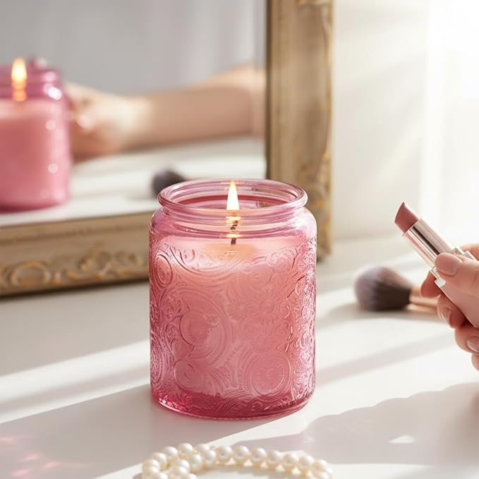 9-Pack 8oz Embossed Glass Candle Container with Bamboo Lids and Labels, Pink Candle Jars for Making Candles, Sun Moon Star Design