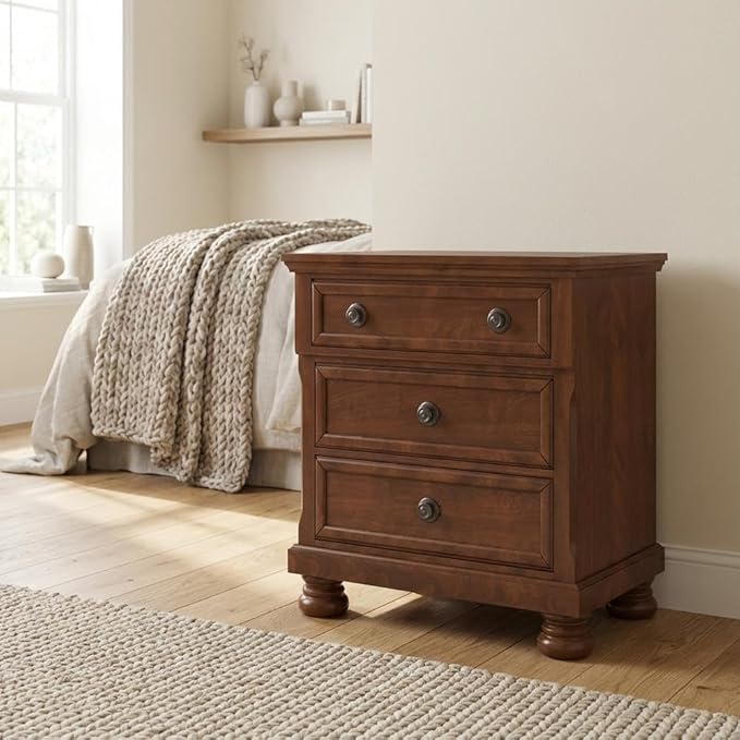 Furnifact Cherry Nightstand with Smooth Finish, Sturdy Construction, Spacious Storage Drawer, Elegant Design, Ideal for Bedroom Organization and Decor