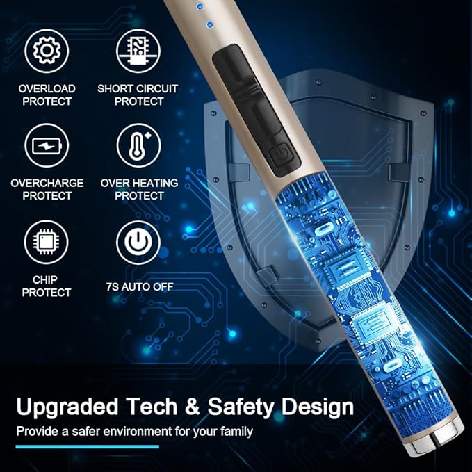 SUPRUS Electric Lighter Candle Type C Rechargeable Lighter with Upgraded LED Battery Display Safety Switch Flameless Plasma Windproof for Candle Cooking BBQs Fireworks Gift(Champagne Gold)