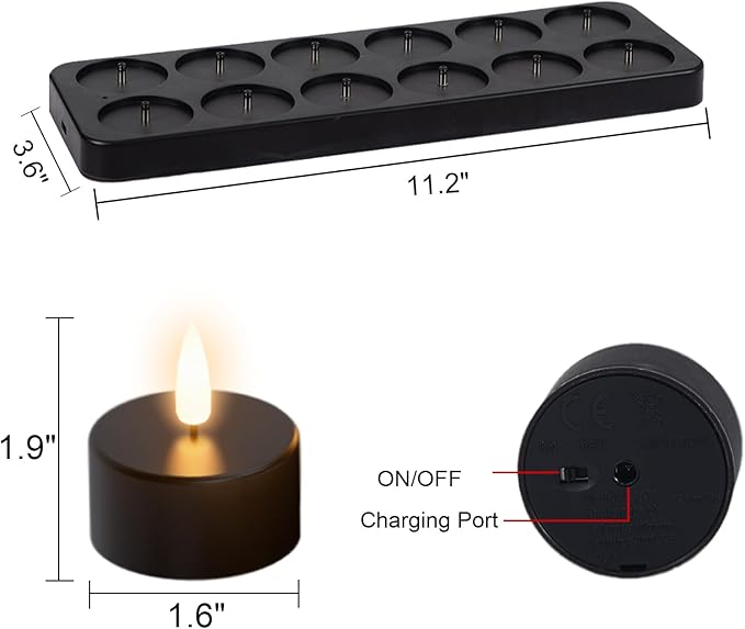 GenSwin 12 Rechargeable Tea Lights Candles with Charging Base and Remote Timer, Flameless LED Tealight Candles Battery Operated Halloween Fall Wedding Table Centerpieces (Black, 1.57” x 1.85”)