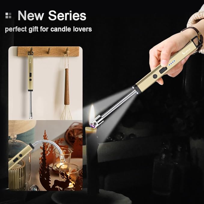 SUPRUS Rechargeable Candle Lighter Electric Arc Triple Safety Long Lighter Stainless Steel Shell & Hanging Hook (Champagne Gold)