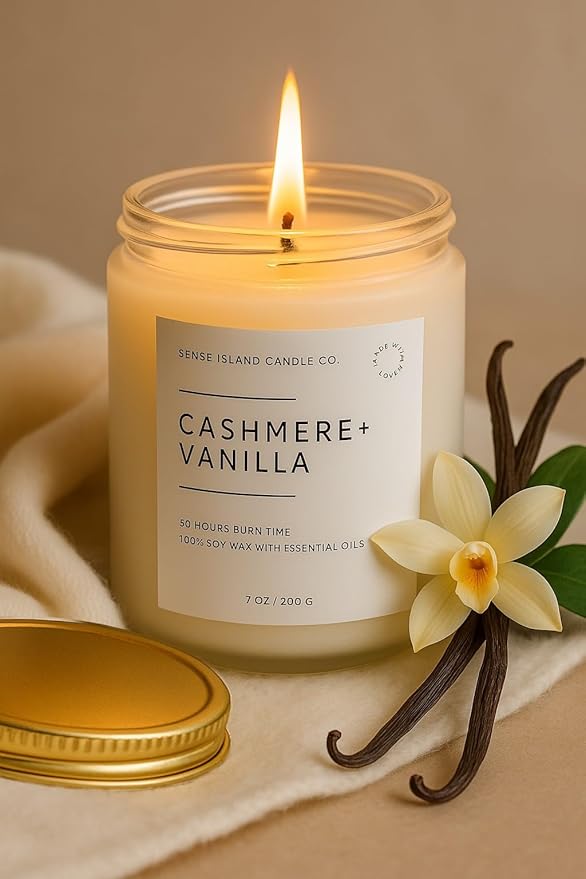 SENSE ISLAND Cashmere Vanilla Scented Candle for Home Scented 50+ Hrs Highly Scented Creamy Vanilla Velvet Cashmere | 100% Natural Soy Candle Gifts for Women Vanilla Candles for Cozy Holiday