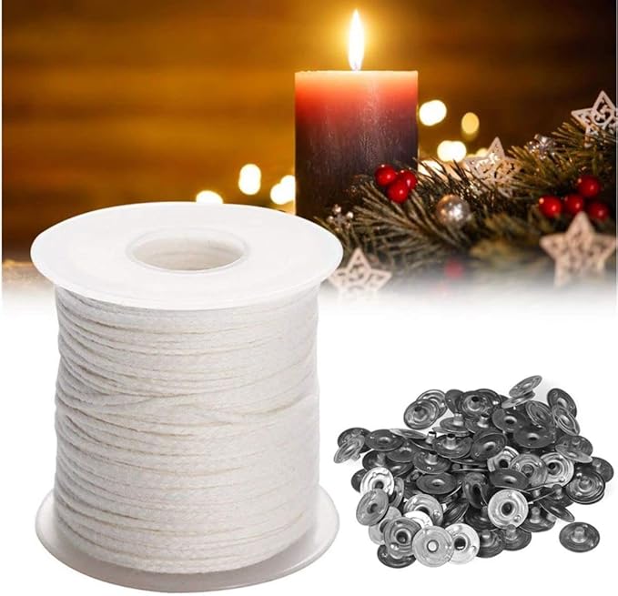Natural Cotton Candle Wick Core 200ft Roll With 100 Metal Sustainers Tabs - Soy Wax Wicks DIY Craft Candle Making Supplies Kit