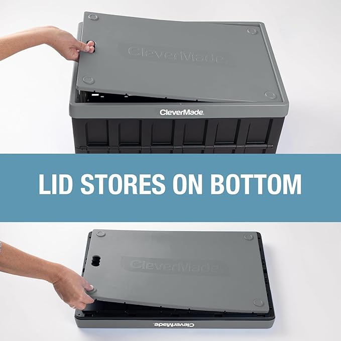 CleverMade Collapsible Storage Bins with Lids (46L, 3 Pack) – Stackable Foldable Plastic Storage Crates for Home, Closet & Trunk Organization - Stone