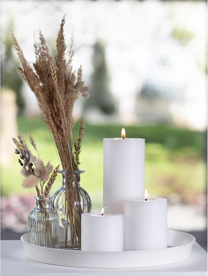 CANDWAX Assorted Pillar Candles Set of 3 – Sizes 3", 4", 8" Unscented Dripless Large Candles, Rustic Finish for Events, Weddings, Home Decor – White