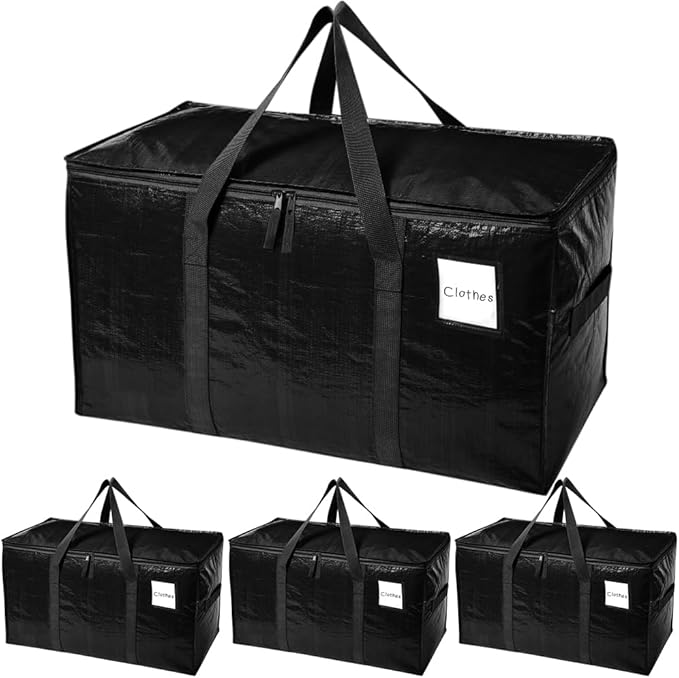 SINLAND 4 Pack Extra Large Heavy Duty Moving Bags with Strong Zippers, Reinforced Handles and Tag Pocket, Packing Totes Supplies for College Dorm Room, Packing Bags for Saving Space (Black)