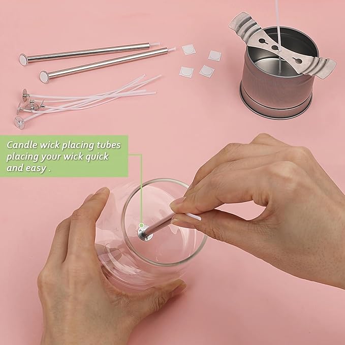 200pcs Natural Candle Wick kit,100pcs Wick Stickers with 5pcs Wick Holders and 2pcs Wick Placing Tube，for Soy Wax, Beeswax, Coconut Wax - DIY Candle Making Supplies for Beginners & Professionals