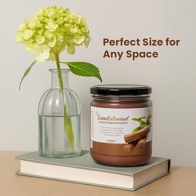 Odor Eliminating Candle Set (Sandalwood) - Pack of 2 (12oz) | 90-Hour Burn Time | Premium Soy Wax Candles | Eliminates 99% of Pet, Kitchen, & Smoke Odors | Eco-Friendly & Long-Lasting