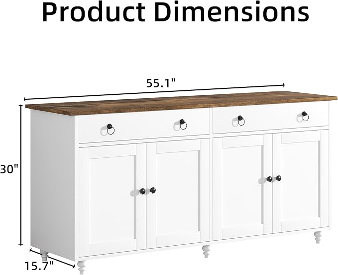 4 EVER WINNER Buffet Cabinet with Storage, 55'' Large Farmhouse Storage Cabinet with 2 Drawers and 4 Doors, Coffee Bar Cabinet with Adjustable Shelves for Kitchen, Dining Room, White