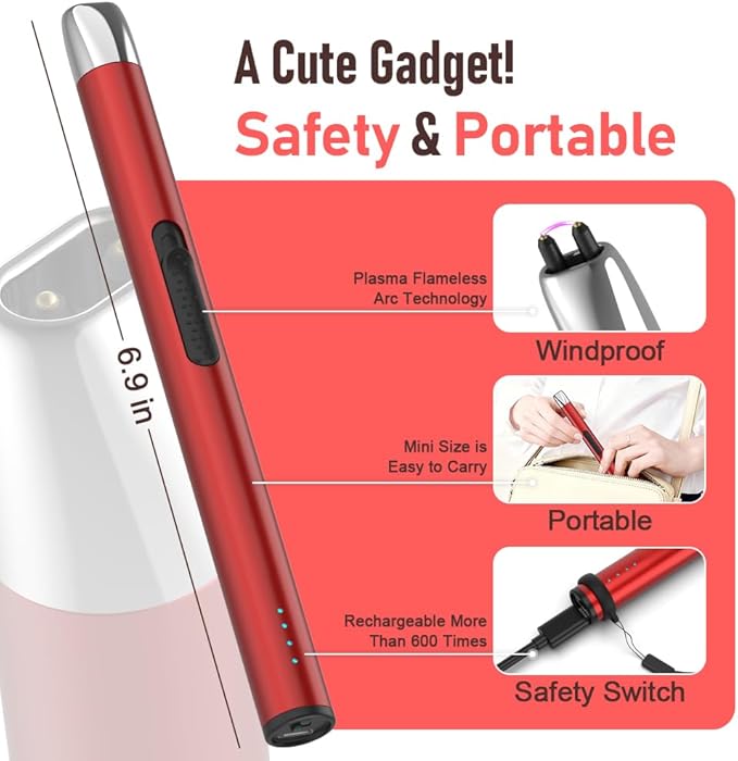 Candle Lighter, Electric Rechargeable USB Arc Windproof Flameless Plasma Lighter Long Stick with Rope and Ring, No Butane Fluid, Perfect for Candle BBQ Camping Kitchen Stove, Red