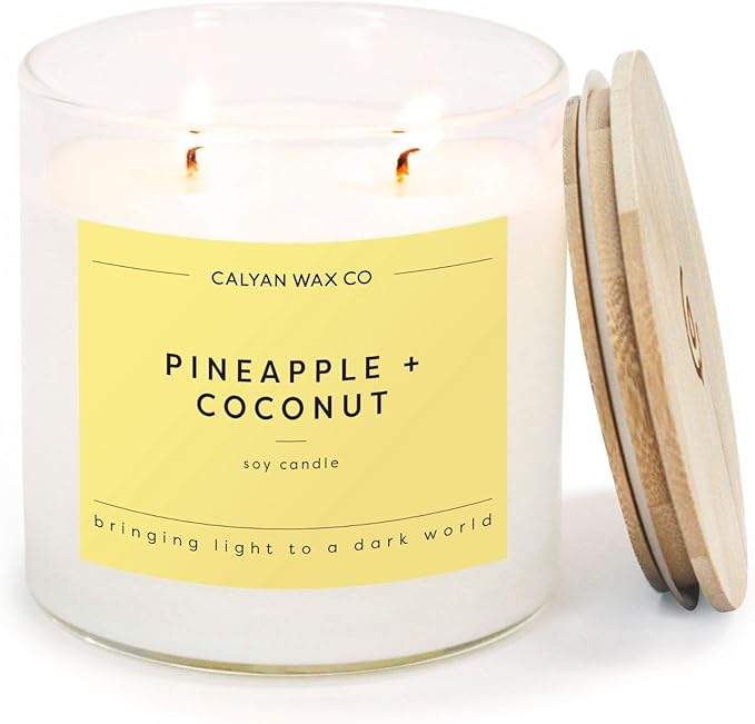 Calyan Wax Co. Pineapple & Coconut 2 Wick Scented Candle - 37 Hour Burn - Luxury Non Toxic Soy Wax Candles - Long Lasting Large Glass Jar Candle for Home - 8.8oz