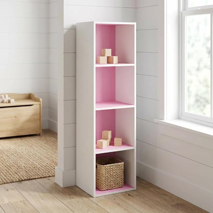 Furnifact Pink White 4-Tier Open Shelf Bookcase, Wooden Display Organizer, Modern Design, Multi-Level Storage, Durable Wood Construction