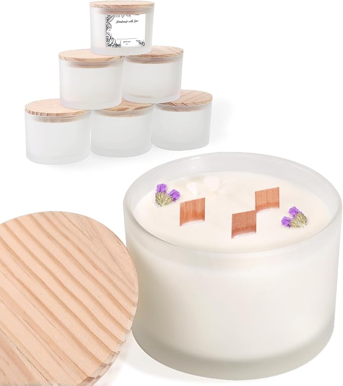 LAMORGIFT 6 PCS 16 oz Frosted White Glass Candle Jars - 3 Wick, Empty Candle Containers for Candle Making Supplies