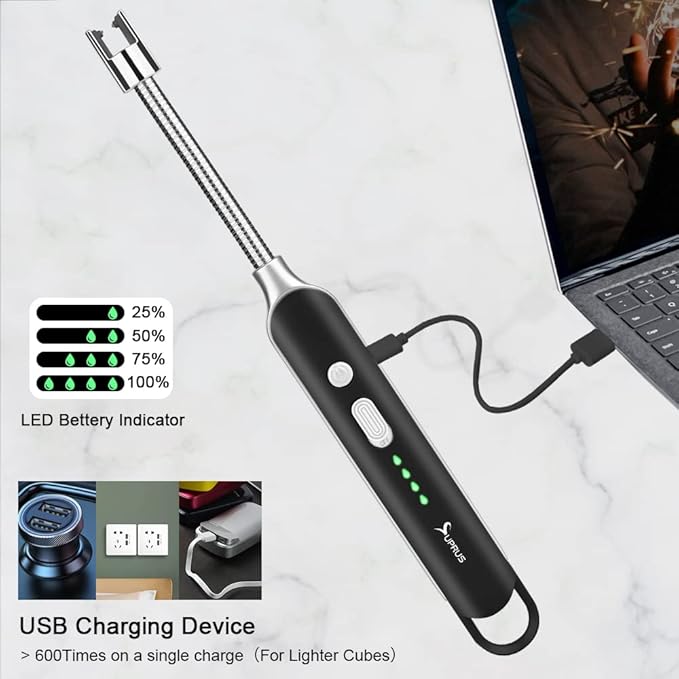SUPRUS Electric Rechargeable Arc Lighter with LED Battery Display Long Flexible Neck USB Lighter for Candle Cooking (Black)