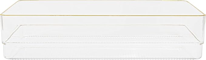 Martha Stewart Kerry Plastic Stackable Office Desk Drawer Organizers, 12" x 6", 3 Pack, with Gold Trim