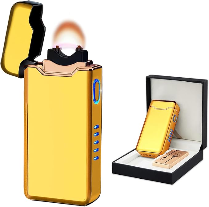 BABOBIU USB Lighter Electric Lighters Rechargeable Arc Lighters with LED Light Power Display Windproof Lighter for Men Boyfriend Husband Candle Incense Stick Outdoor (Glossy Gold)