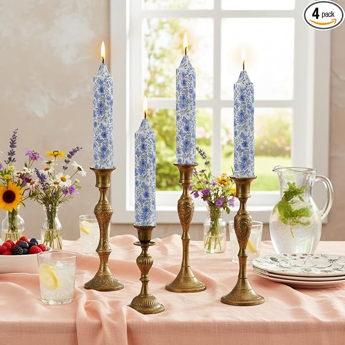 Short Blue and White Taper Candles 7 Inch Handmade Floral Candle Sticks Smokeless Unscented Clean Burning Candles for Meditation Sailing Housewarming Gift Wedding Birthday Home Dinner