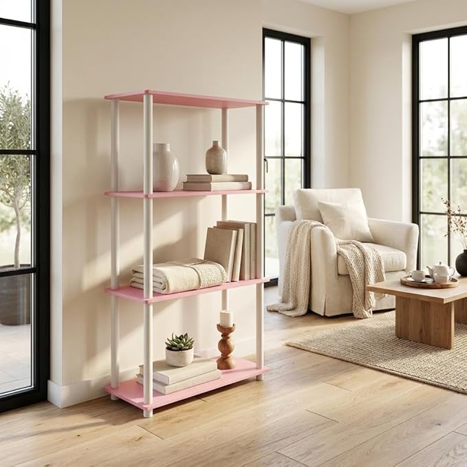 Furnifact Pink White Bookcase with Elegant Wooden Design, Sturdy Construction, Versatile Storage Solution, Ideal for Living Room or Home Office