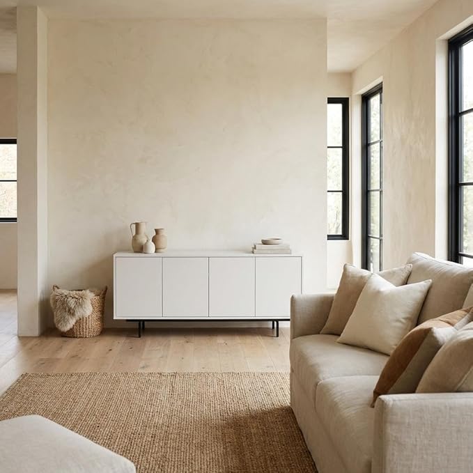 Furnifact White Laminate TV Console, Four Doors, Engineered Wood, Modern Transitional Industrial Style, Durable, Stylish for Living Room