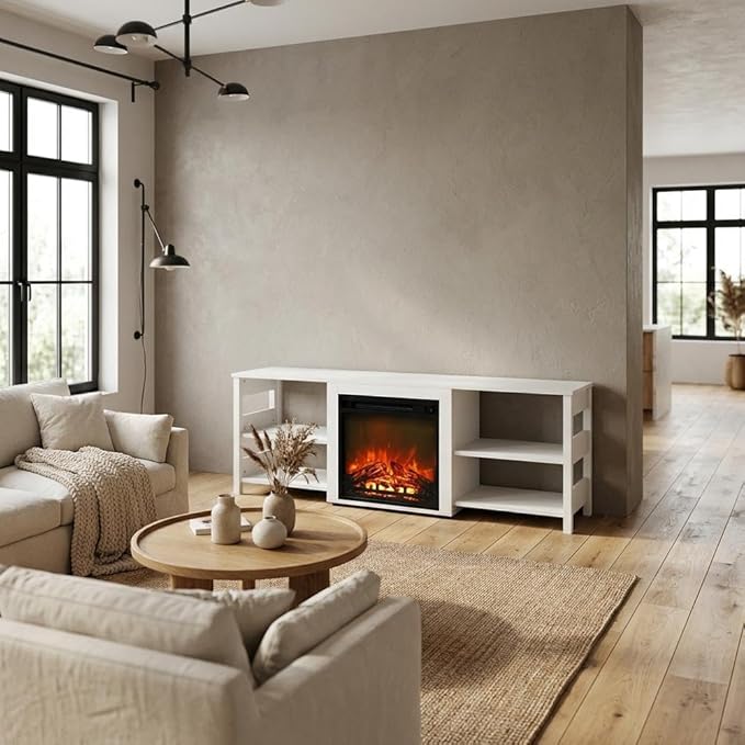 Furnifact White Emboss 70 Inch TV Stand with Fireplace, Wooden Construction, Modern Design, Ample Storage Space, and Easy Assembly
