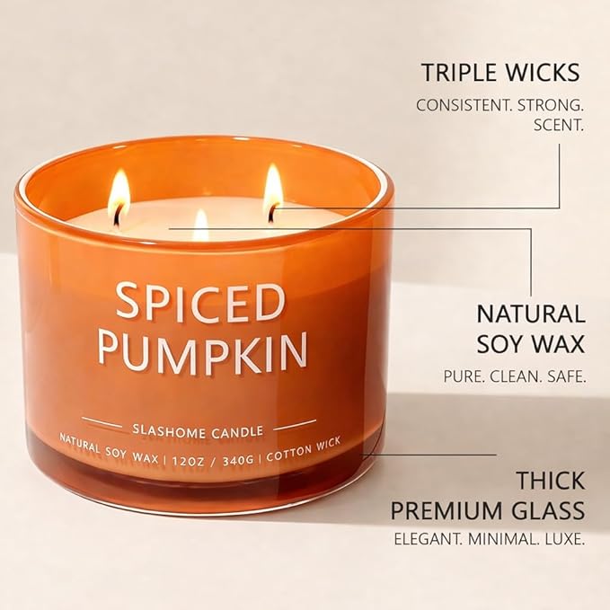 Pumpkin Spice Scented Candle, Luxury Large 3 Wick Soy Candle 12 Oz, 60+ Hour Long Lasting Clean Burn, Elegant Aromatherapy Home Decor, Housewarming & Birthday Gift for Men & Women