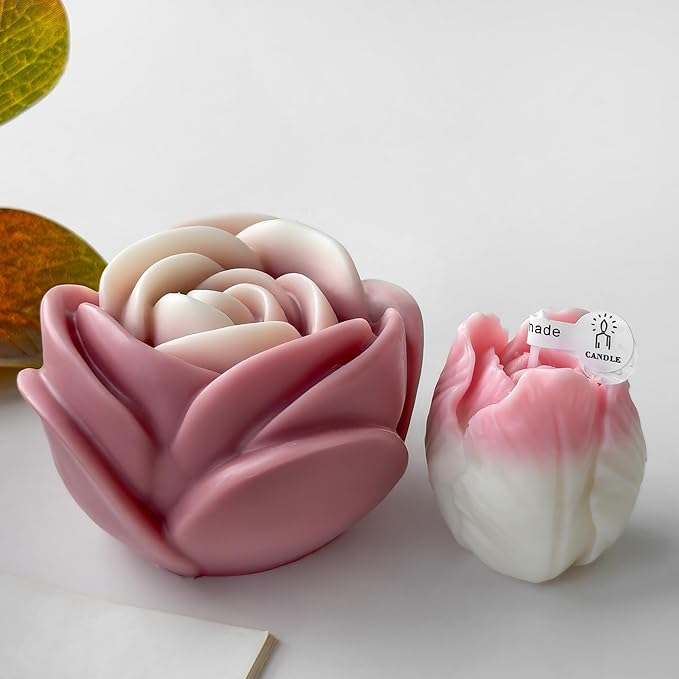 2 Pack Tulip Flower Peony Rose Succulent Cylinder Candle & Resin Mold - Resin Casting Silicone Molds for Home Decor & Candle Making Wave Spiral Mold