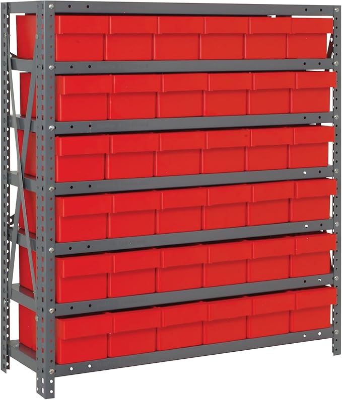 Quantum 1839-602RD Heavy Duty Shelving Unit with (7) Shelves and (36) Red QED602 Bins for Garage Warehouse Storage Distribution | 400 lb Load Capacity | 18"D x 36"L x 39"H, Galvanized Carbon Steel