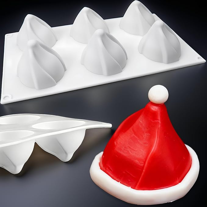 3D Christmas Hat Silicone Molds Large Christmas Molds Xmas Hat Pan Silicone Mold 6-Cavity Christmas Cake Mold for Mousse Cake Muffin Baking Jello Chocolate Ice Cube Soap Candle Lotion Bar Bath Bomb